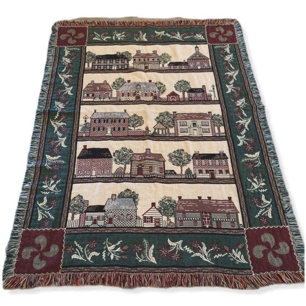 Bob Timberlake Salem Town Triple Woven Afghan Throw Blanket Cottages Burgundy